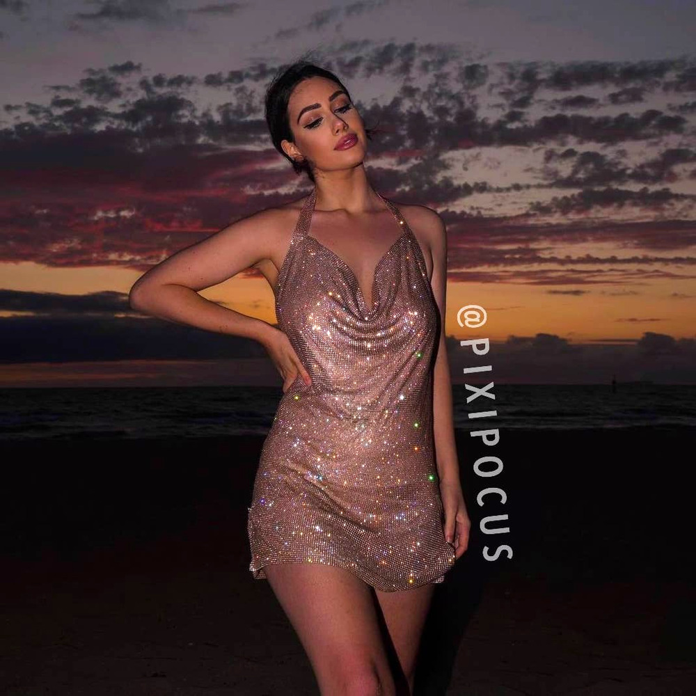 ZARA SPARKLY DUO CHROME METALLIC CHAIN MAIL HALTER MINI DRESS - Picture 7 of 14
